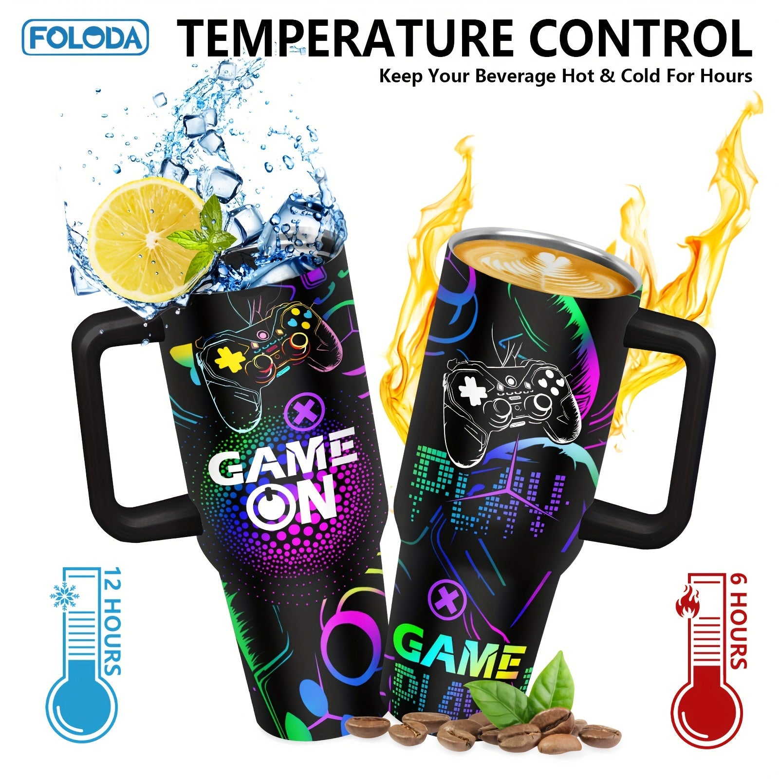 Foloda 40oz Gamers Delight Tumbler Mug - Unique Design for Men & Boys, Stainless Steel with Handle, Lid & Straw, Perfect Outdoor, Camping & Travel Accessory, Unforgettable Birthday or Christmas Gift for Game Lovers - Rexpect Nerd