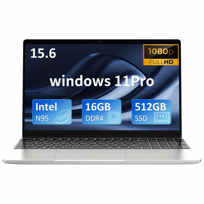 Auusda Laptop Computer with 16GB DDR4 RAM, 512GB M.2 PCIe NVMe SSD, Intel N95 Up to 2-3.4 GHz, 15.6" FHD IPS LCD, Backlight Keyboard, Fingerprint Reader, Webcam, Mini HD, USB-A x2, Windows 11 Pro - Rexpect Nerd