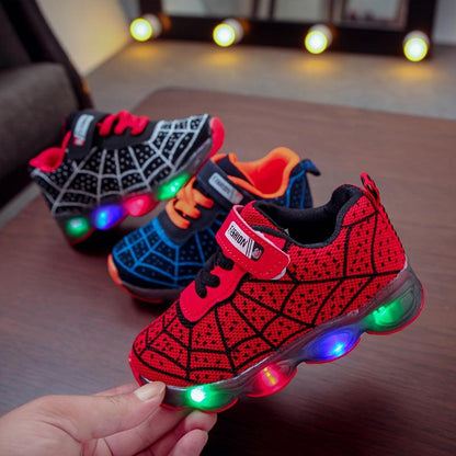 Boys LED Spider Net Sneakers - Fashionable & Durable Athletic Shoes with Cool Spider Web Design - Lightweight, Breathable & Non-slip for Walking, Running & Training - Rexpect Nerd