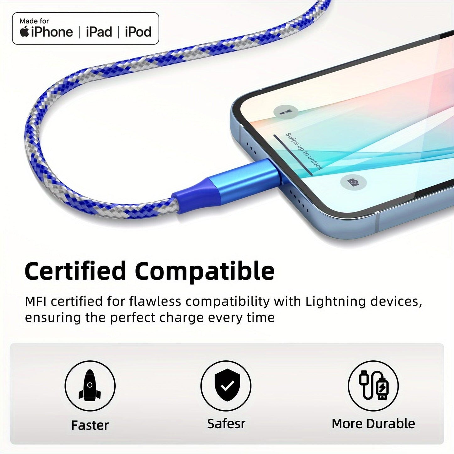 3-Pack 10 FT Rapid Charger - MFi Certified Nylon Braided Cable for IPhone 14/13/12/11 & More - Durable, Tangle-Free, Fast Charging Solution - Rexpect Nerd
