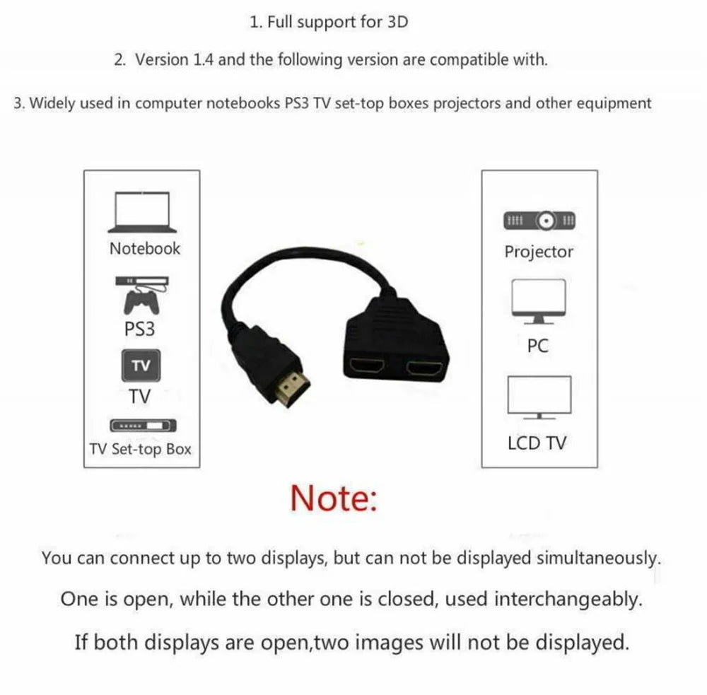 HD 1080P HDMI Splitter Dual Port 1 in 2 Out Cable Male To Female HDTV Adapter For Laptop TV Box Monitor HDMI-Compatible Splitter