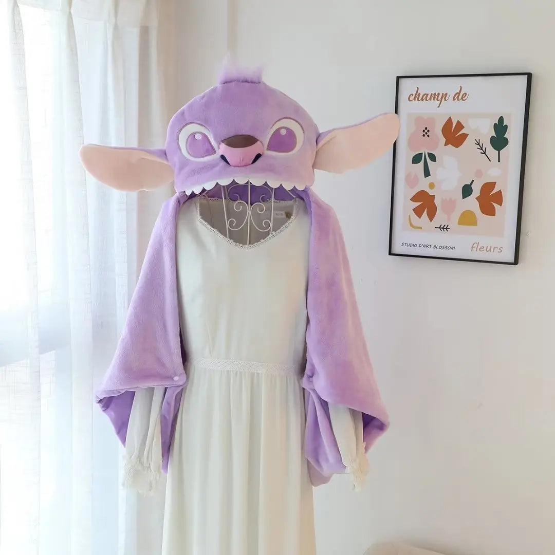 Stitch Hooded Cloak Blanket – Warm Flannel Cartoon Blanket with Hat for Students & Office Naps