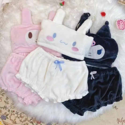 Sanrio Kuromi My Melody Cinnamoroll Fluffy Suspender Pajamas – Cozy Flannel Shorts Set for Girls