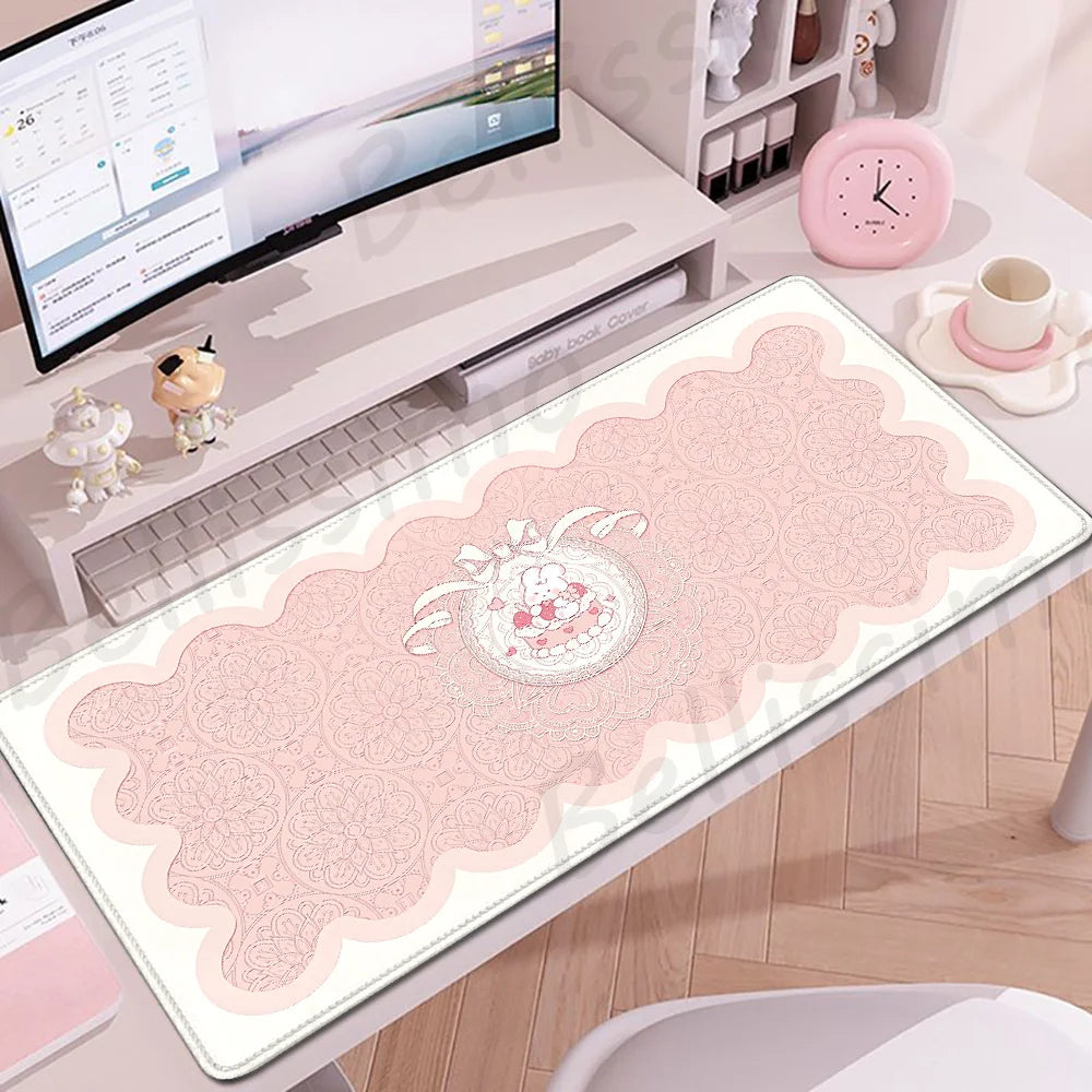 Pink White Mousepad Cute Rabbit Grid Desk Mat Computer Gaming Keyboard Extended Mouse Pad Office Accessories Pc Gamer Anime Rug