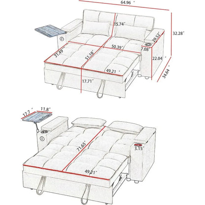 home.65'' 3-in-1 Folding Convertible Sofa Bed, Pullout Sofa, Modern Chenille Fabric, 360° Swivel Side Table, Easy Assembly, Perf