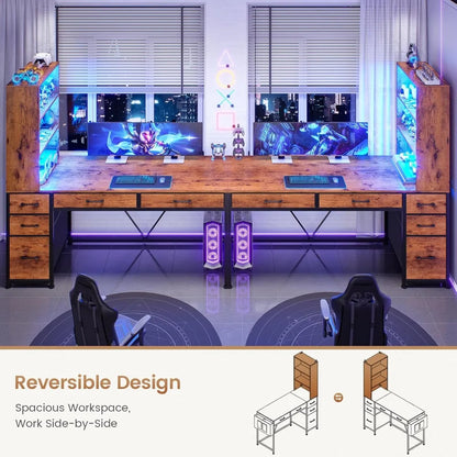 Computer Desk with 5 Drawers and Bookshelf, Reversible Home Office Desk with Storage Shelves and File Drawer, Gaming Corner