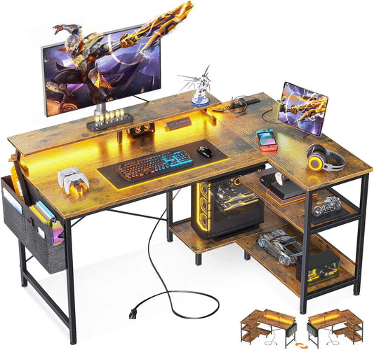 48 Inch Gaming Desk with USB Charging Ports and LED Lights,Reversible L Shaped Computer Desk with Storage Shelves Monitor Stand