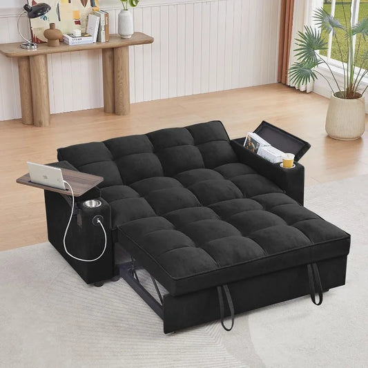 home.65'' 3-in-1 Folding Convertible Sofa Bed, Pullout Sofa, Modern Chenille Fabric, 360° Swivel Side Table, Easy Assembly, Perf