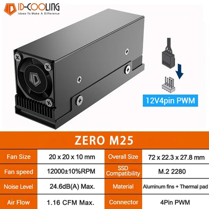 ID-COOLING M.2 NVMe Radiator 12000RPM PWM Adjustable Speed 2280 Solid State Hard Disk Heat Sink Fan for M.2 NVME SATA PCIE SSD