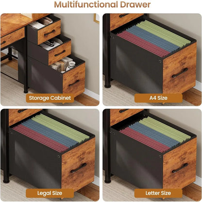 Computer Desk with 5 Drawers and Bookshelf, Reversible Home Office Desk with Storage Shelves and File Drawer, Gaming Corner
