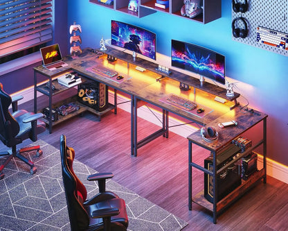 48 Inch Gaming Desk with USB Charging Ports and LED Lights,Reversible L Shaped Computer Desk with Storage Shelves Monitor Stand