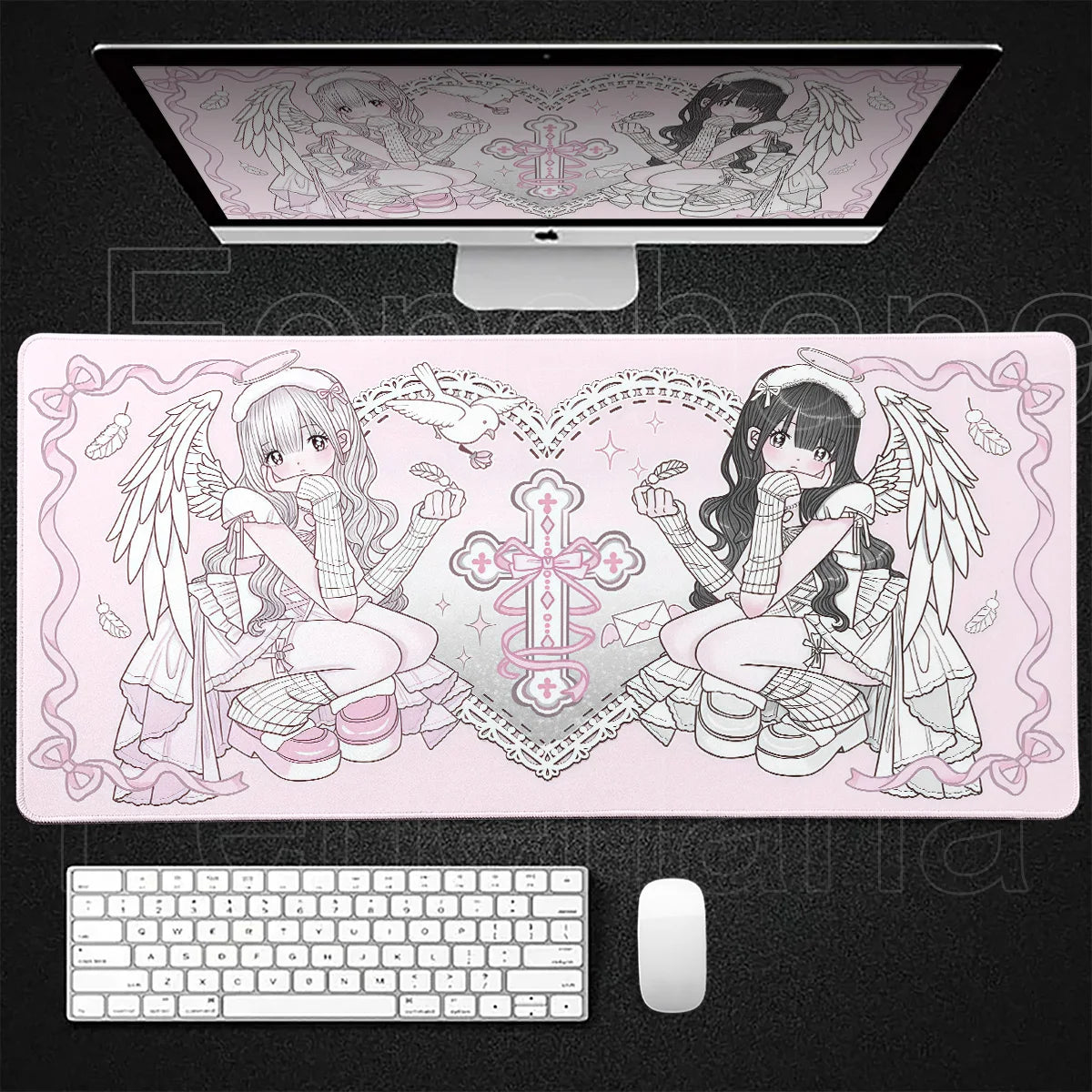Anime Kawaii Girls PC Gaming Mouse Pad Pink Best Friend Computer Office Accessories Large Gamer Non-slip Keyboard Expansion Pads