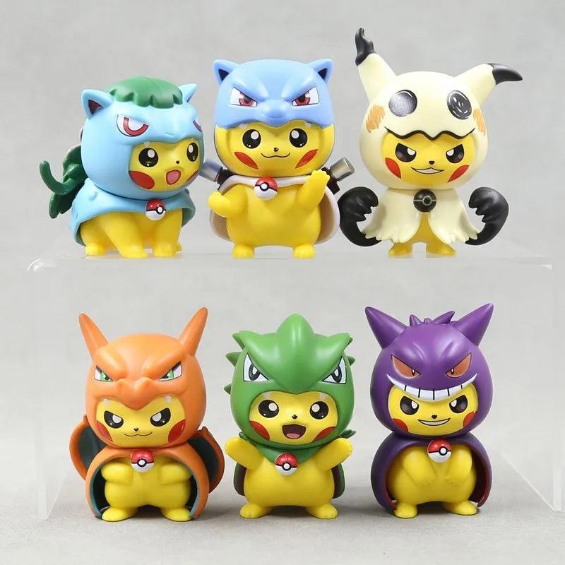 Bring the adorable world of Pokémon to life with this 6-piece set of 9cm Pocket Monsters Anime Figure Kawaii Pikachu In Disguise Action Figures PVC Adult Collection Model Dolls Toy Gift.