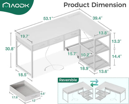 53 Inch L Shaped Computer Desk with Drawers, Corner Desk with Power Outlets & Reversible Storage Shelves, Movable CPU Stand