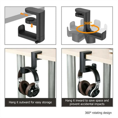 PC Gaming Headphone Stand Headset Hook Holder, Hanger Mount With Adjustable 360° Rotating Arm Clamp, Desk Mount Universal Bag