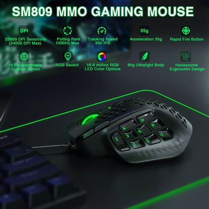 SOLAKAKA SM809 Wired Gaming Mouse 16 Side Buttons 22800 DPI Programmable Macro MMO Mouse Gamer PAW3311 Honeycomb Ergonomic RGB