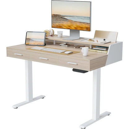 Electric Standing Desk with Drawers, 55x26 Inch Adjustable Height, Stand Up Desk with Monitor Shelf, Sit Stand Home Office Desk