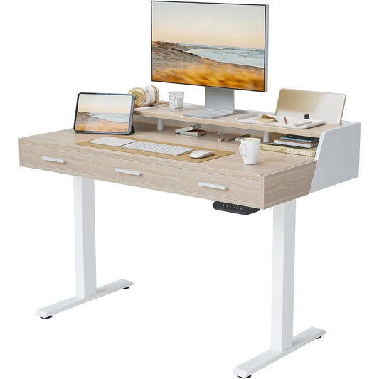 Electric Standing Desk with Drawers, 55x26 Inch Adjustable Height, Stand Up Desk with Monitor Shelf, Sit Stand Home Office Desk