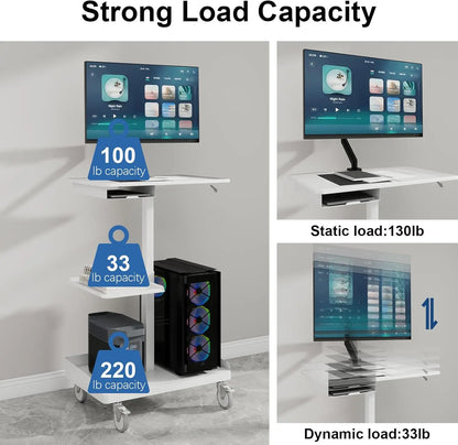 Mobile Workstation Cart with Monitor Mount,Height Adjustable Rolling Computer Cart, Heavy-Duty Rolling Standing Desk