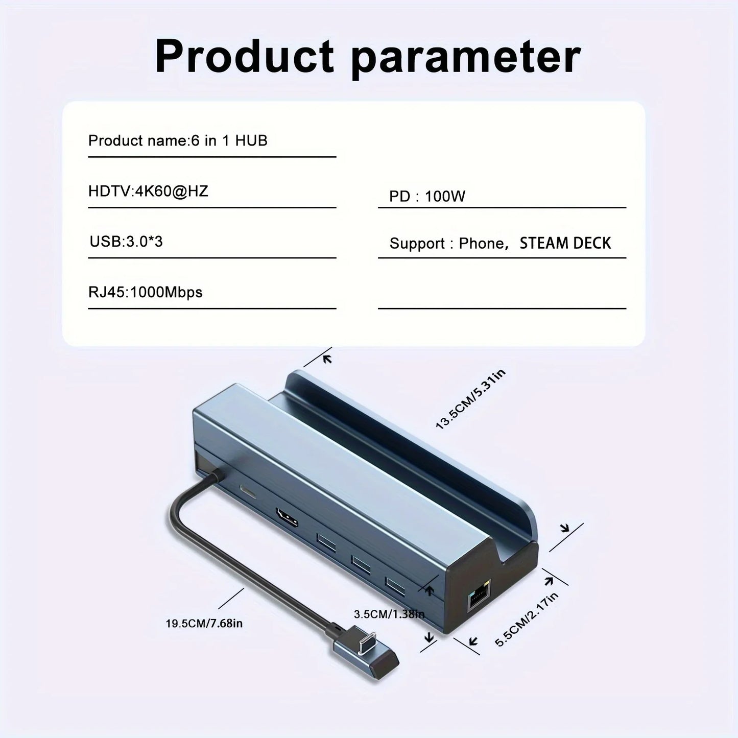 Steam Deck Dock 6 in 1 Steam Deck Rog Ally Docking Station Stand  3*USB 3.0 HDTV 4K@60Hz Gigabit Ethernet PD 100W Hub