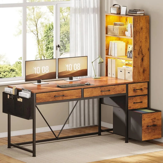 Computer Desk with 5 Drawers and Bookshelf, Reversible Home Office Desk with Storage Shelves and File Drawer, Gaming Corner