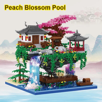3320 Pcs Tree House Mini Diamond Block Particle Peach Blossom Pool Traditional With Light Chinese Architecture Building Blocks