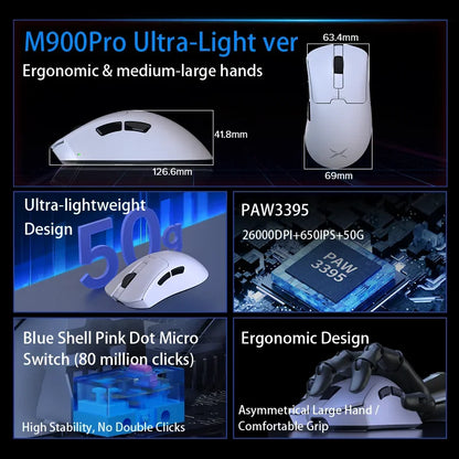Delux M900PRO Ultra-light Version Wireless Gaming Mouse Ergonomic 1K/8K Polling Rate 50g PAW3395 for Right Big Hand PC Gamer