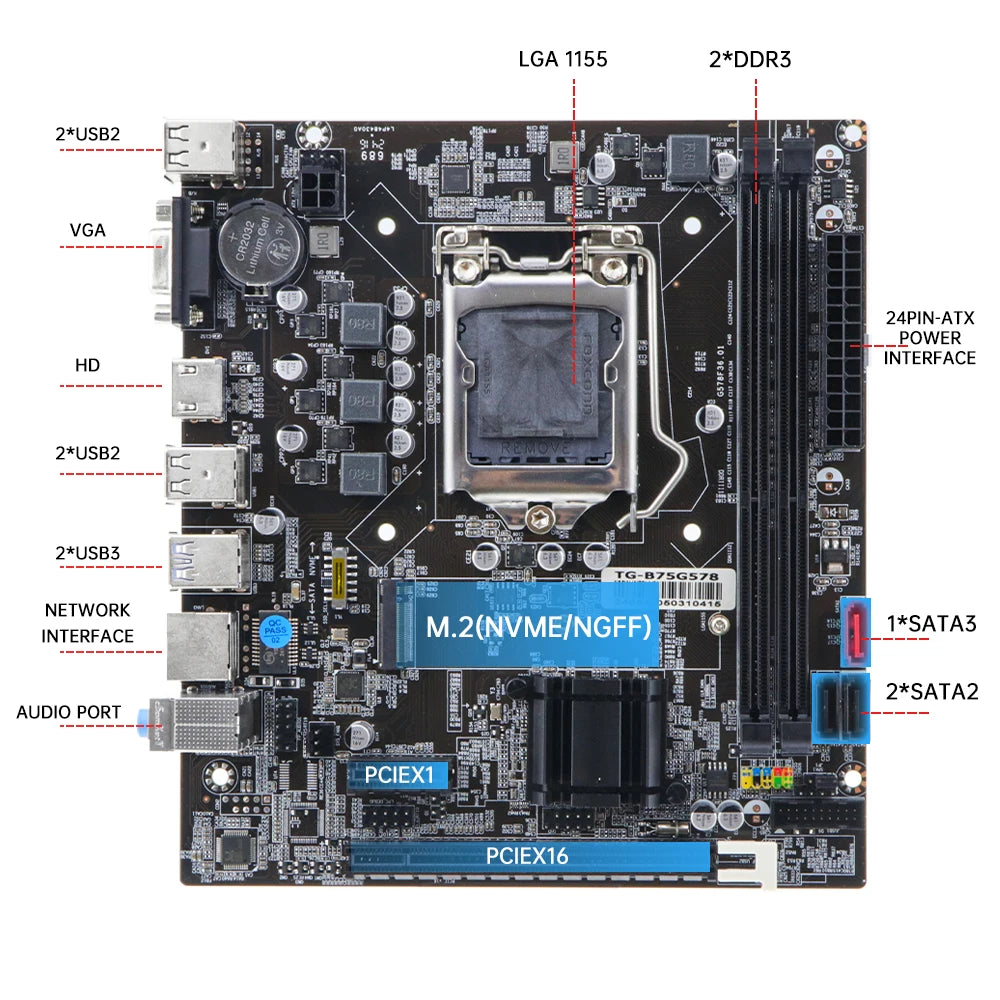 SOYO B75M Motherboard M.2 NVME PCIEx16 DVI Supports Dual-channel DDR3 RAM Intel Core 2/3 Gen CPU LGA1155 for Gaming Computer
