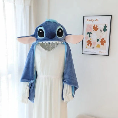 Stitch Hooded Cloak Blanket – Warm Flannel Cartoon Blanket with Hat for Students & Office Naps