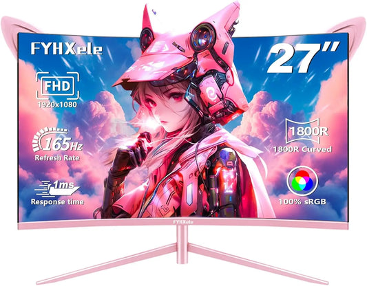 🌸 27-Inch QHD 165Hz Curved Pink Gaming Monitor | FYHXele | HDR10, FreeSync, 1ms GTG, Tilt Adjustable