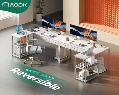53 Inch L Shaped Computer Desk with Drawers, Corner Desk with Power Outlets & Reversible Storage Shelves, Movable CPU Stand