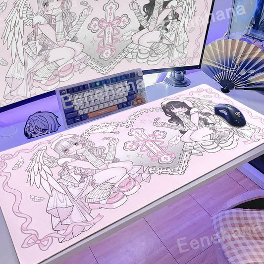 Anime Kawaii Girls PC Gaming Mouse Pad Pink Best Friend Computer Office Accessories Large Gamer Non-slip Keyboard Expansion Pads