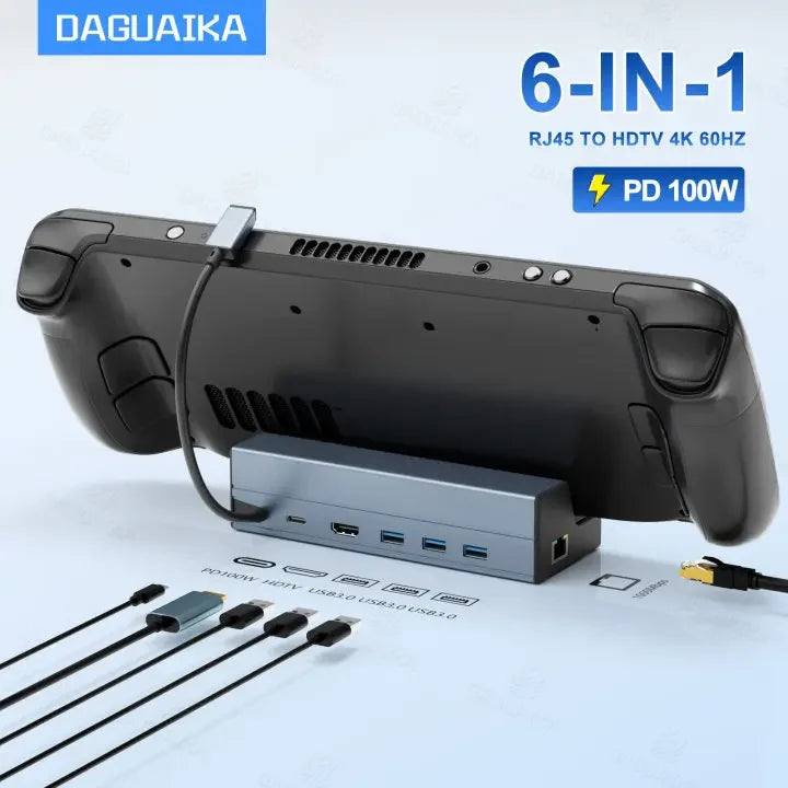Steam Deck Dock 6 in 1 Steam Deck Rog Ally Docking Station Stand  3*USB 3.0 HDTV 4K@60Hz Gigabit Ethernet PD 100W Hub