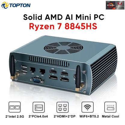 Topton Solid FU03 AI Mini Computer AMD Ryzen 7 8845HS 2*Intel 2.5G 2*DDR5 2*NVME Firewall Router Gaming PC Windows 11 4x8K WiFi6