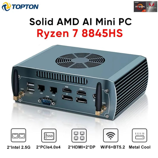 Topton Solid FU03 AI Mini Computer AMD Ryzen 7 8845HS 2*Intel 2.5G 2*DDR5 2*NVME Firewall Router Gaming PC Windows 11 4x8K WiFi6
