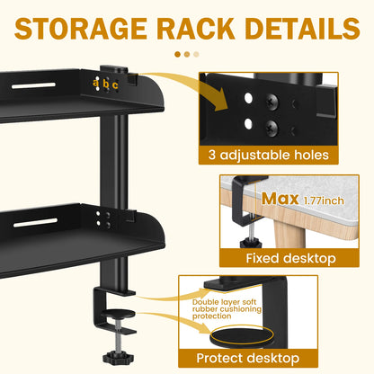2 Tiers Clamp-on Desk Shelf No Drill Desk Organizer Rack Space Saving Adjustable Metal Computer Desktop Clamp High Load-Bearing