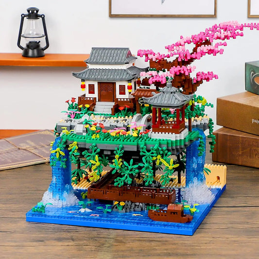 Chinese Architecture Peach Blossom Pond Mini Building Block Set Sakura Bonsai Japanese Sakura House Lantern Gift Toy