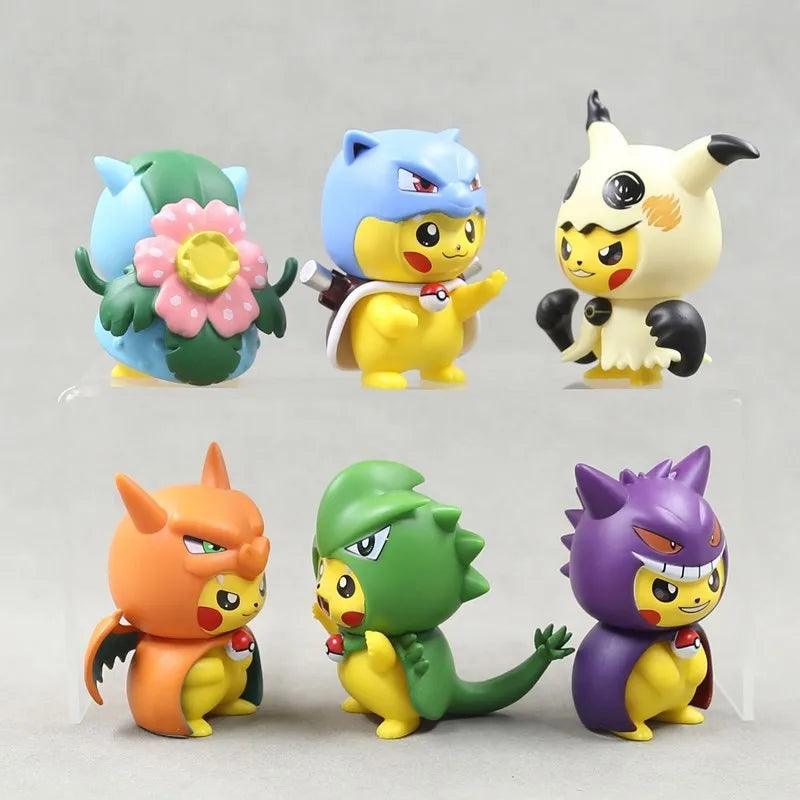 Bring the adorable world of Pokémon to life with this 6-piece set of 9cm Pocket Monsters Anime Figure Kawaii Pikachu In Disguise Action Figures PVC Adult Collection Model Dolls Toy Gift.