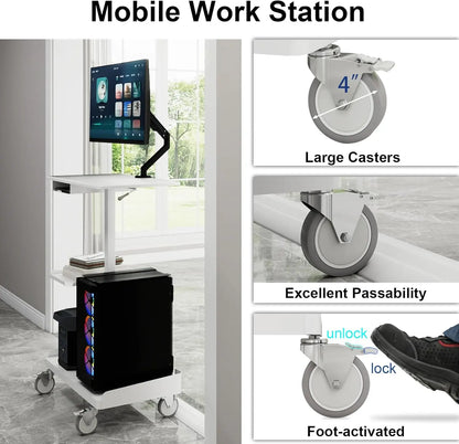 Mobile Workstation Cart with Monitor Mount,Height Adjustable Rolling Computer Cart, Heavy-Duty Rolling Standing Desk