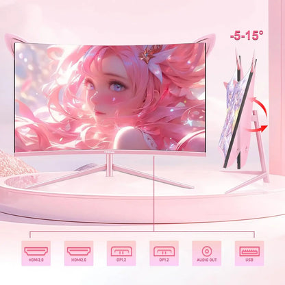 🌸 27-Inch QHD 165Hz Curved Pink Gaming Monitor | FYHXele | HDR10, FreeSync, 1ms GTG, Tilt Adjustable