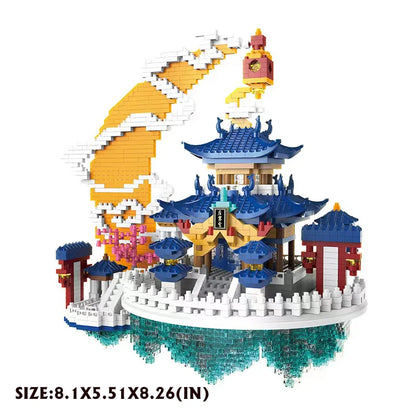 Chinese Architecture Peach Blossom Pond Mini Building Block Set Sakura Bonsai Japanese Sakura House Lantern Gift Toy