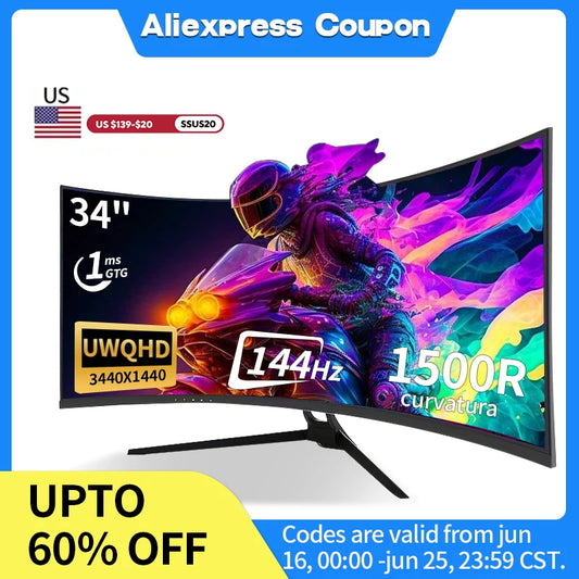 Gawfolk Monitor 34'' 144Hz Bandfish Screen Curved 1500R Gaming Bezel-less Slim 400HDR Nits 100% SRGB Wide Color Gamut FAsT VA Te