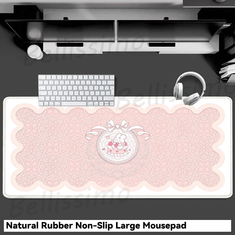 Pink White Mousepad Cute Rabbit Grid Desk Mat Computer Gaming Keyboard Extended Mouse Pad Office Accessories Pc Gamer Anime Rug