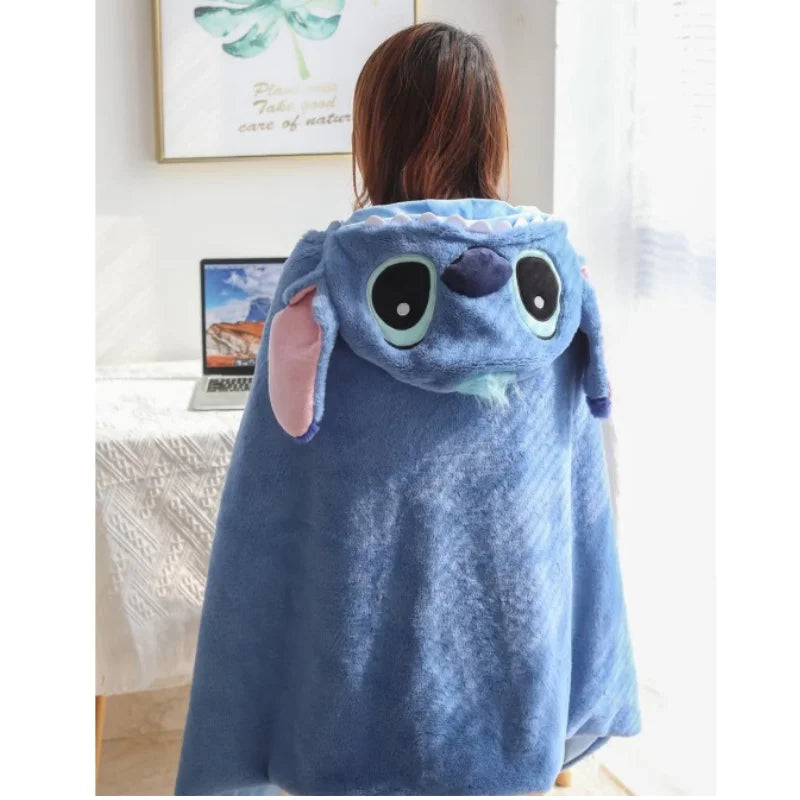 Stitch Hooded Cloak Blanket – Warm Flannel Cartoon Blanket with Hat for Students & Office Naps