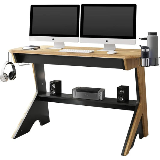 Home Office Computer Writing Desk Workstation with Two Cupholders and a Headphone Hook-Pine, 50" W x 22.5" D x 29.5" H