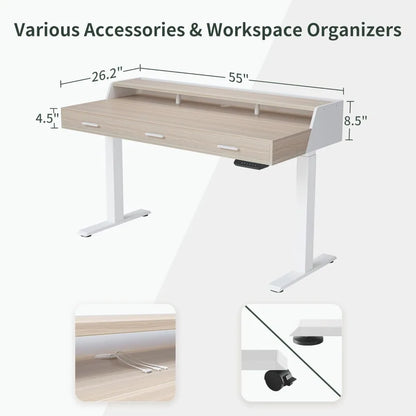 Electric Standing Desk with Drawers, 55x26 Inch Adjustable Height, Stand Up Desk with Monitor Shelf, Sit Stand Home Office Desk