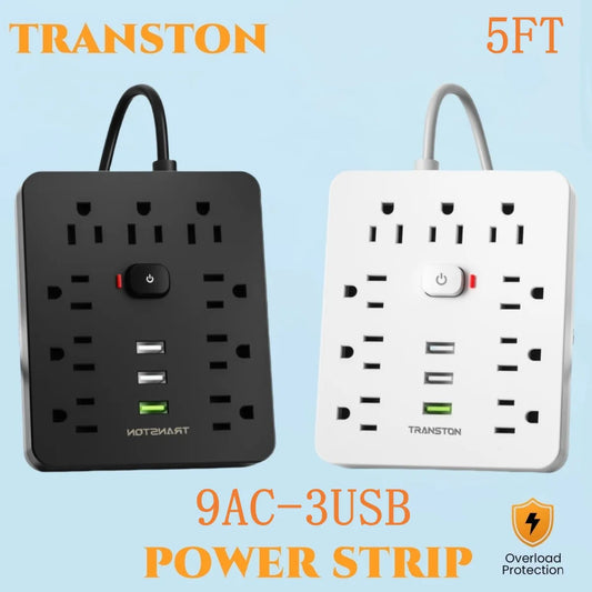 power strip Power Outlet with Surge Protector, 9 ac, 3 USB Ports, 5-Foot Extension Cord, Quick Charge, for Home and Office