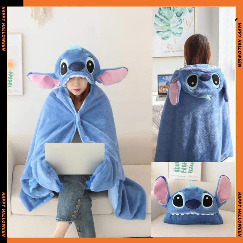 Stitch Hooded Cloak Blanket – Warm Flannel Cartoon Blanket with Hat for Students & Office Naps
