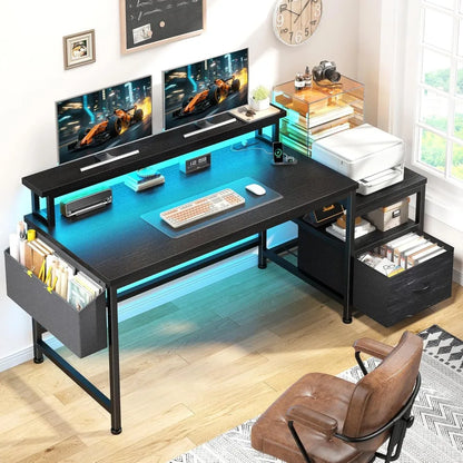 Computer Desk with Power Outlets and LED Lights,57 Home Office Desks with Drawers and Printer SpaceOffice Desk with File Drawers
