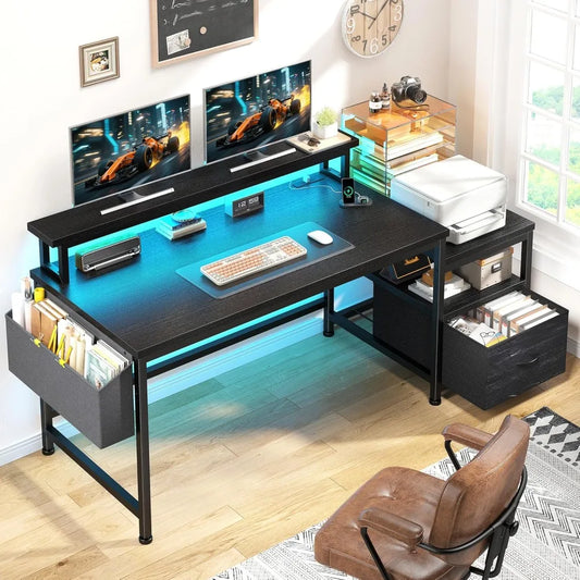 Computer Desk with Power Outlets and LED Lights,57 Home Office Desks with Drawers and Printer SpaceOffice Desk with File Drawers